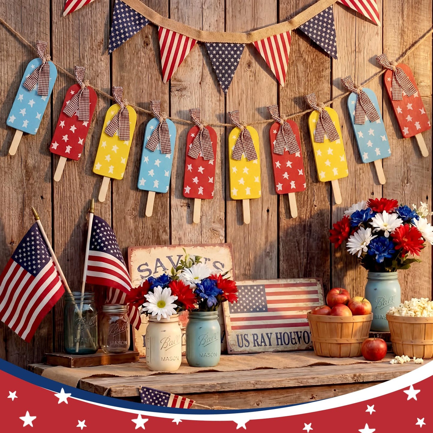 HunnmingRe Summer Patriotic Garland 10 ft 4th of July Red Blue White Yellow Banner American Summer Ice Cream Hanging Decoration for 250th Anniversary Independence Day Home Mantel Wall Party Supplies