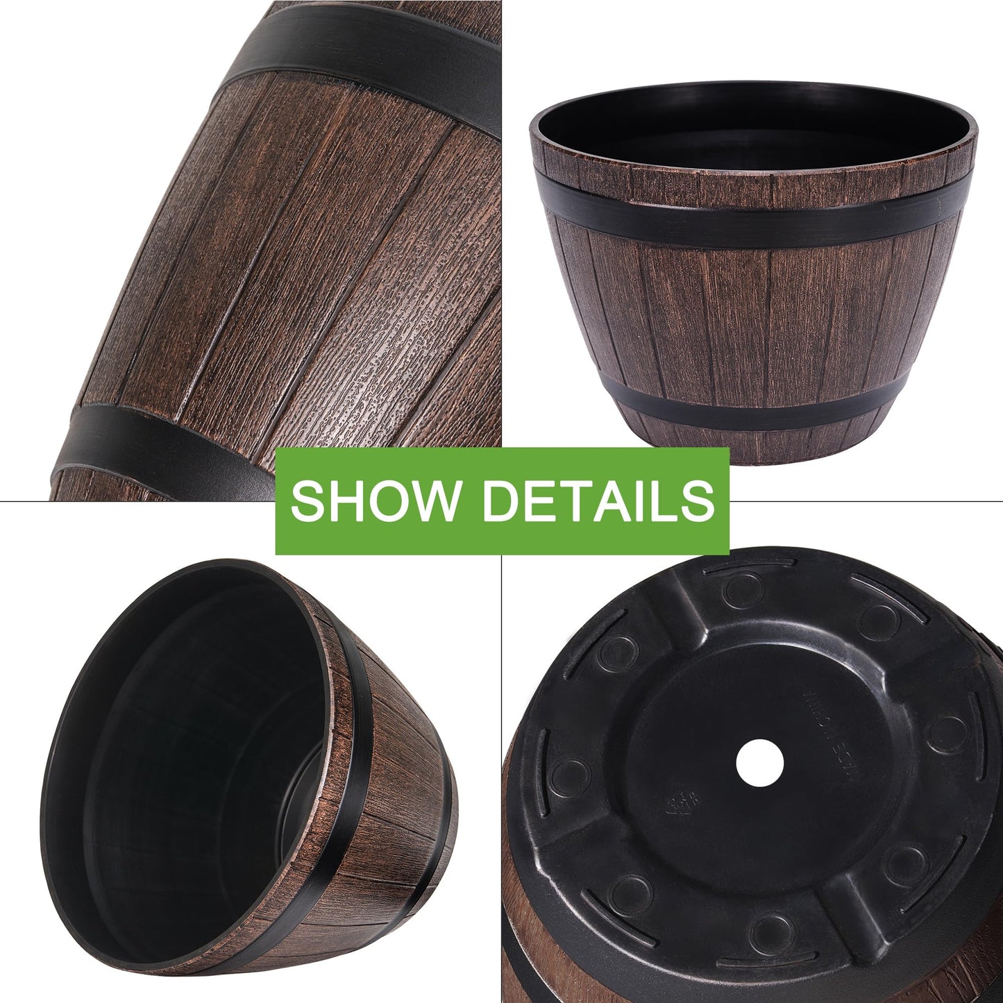 VECELO Plant Pots with Drainage Holes & Saucer, 9/11.3/13 Inch Flower Pots with Tray, 3 Pack Plastic Whiskey Barrel Planters for Indoor & Outdoor Garden Home Plants and Flowers