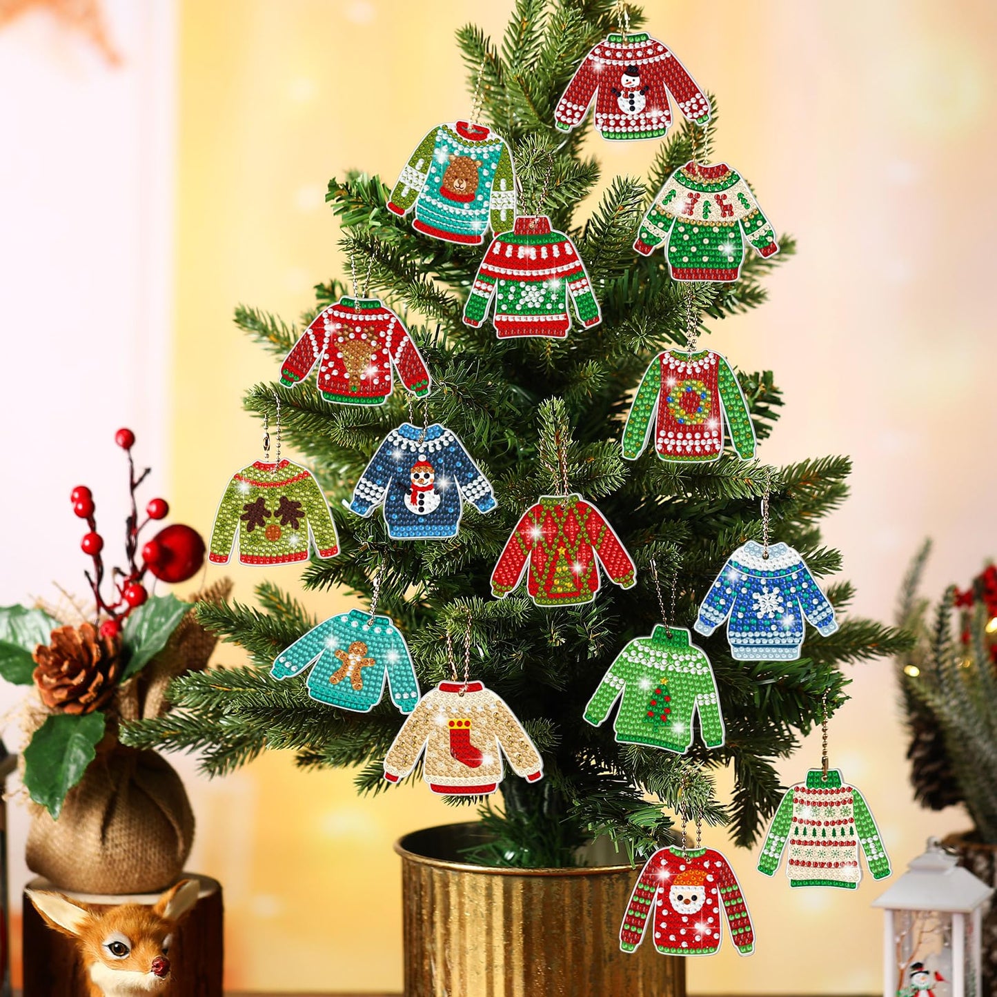 Estune 15 Pcs Christmas Diamond Painting Keychain Kits Christmas in July Party Sweater Theme 5d DIY Diamond Art Kits for Adults Xmas DIY Crafts Hanging Ornaments Home Decor