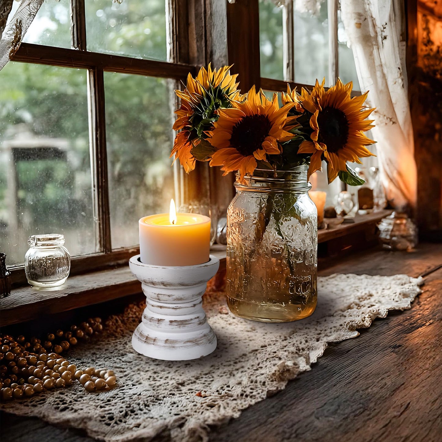 Pillar Candle Holder, Farmhouse Wood Candle Holder, Rustic Wooden Candle Stand, Vintage Small Wooden Candlestick Holders for Living Room, Table Centerpiece, White