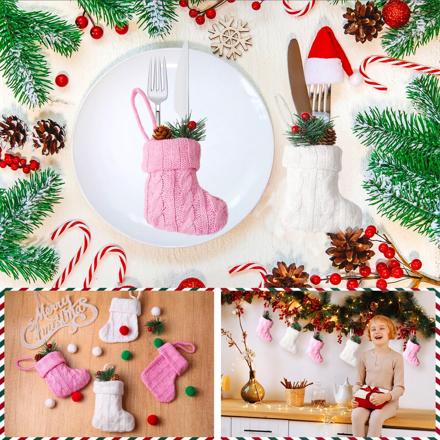 FSAIUIS 12Pcs Mini Knitted Christmas Stockings,Small White and Pink Knit Hanging Stocking for Fireplace Family Home Party Decorations
