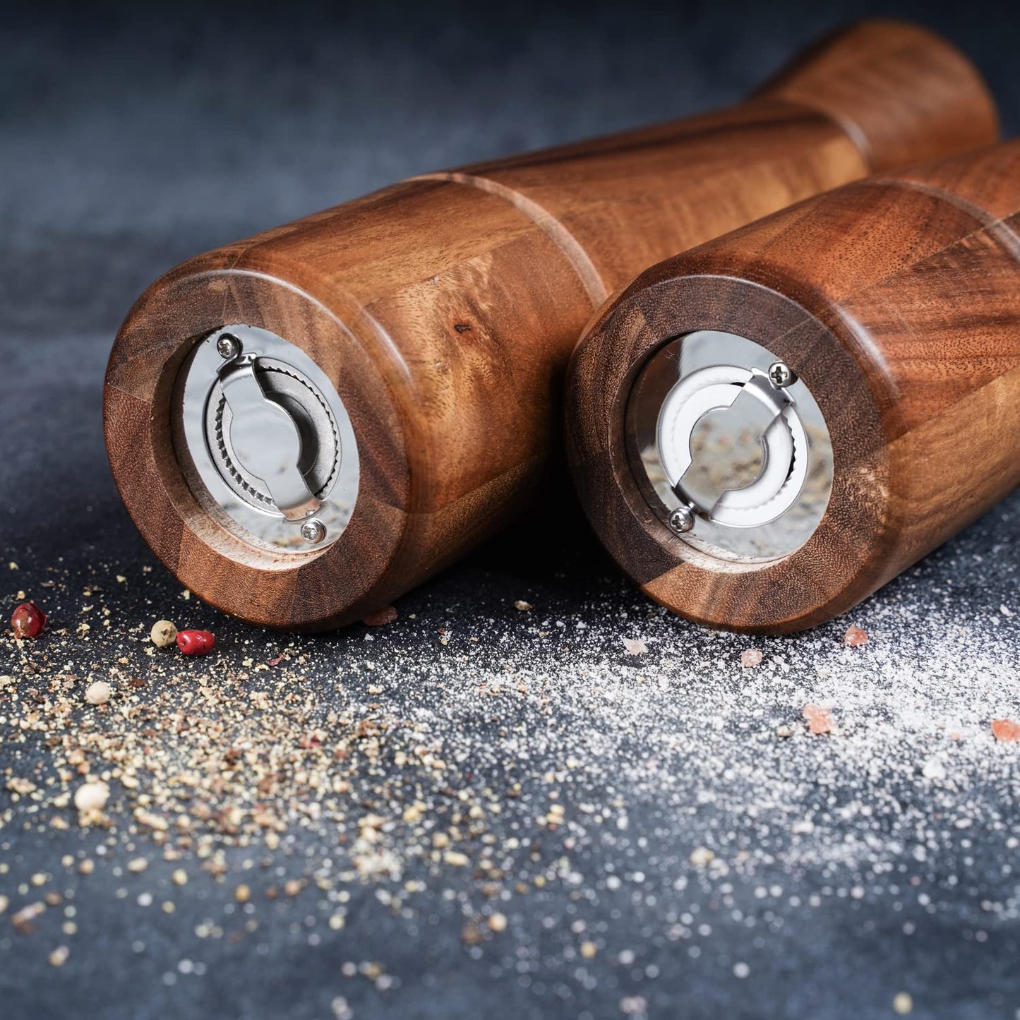 DeroTeno Salt and Pepper Mill Set with Tray, Adjustable Ceramic Grinder Salt Mill, Stainless Steel Grinder Pepper Mill, Acacia Wood, 27 cm / 10 inch Height, Bottom Dia 6 cm (Tray is Included)