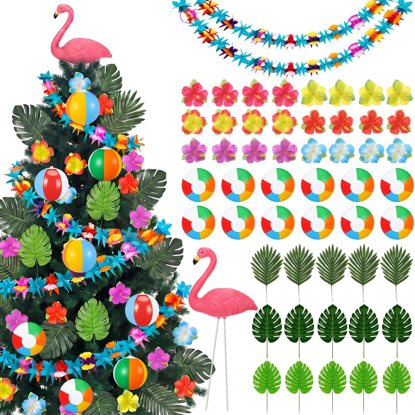 Glimin 54 Pcs Hawaiian Christmas Tree Decoration Set Tropical Flower Paper Garlands with Flamingo Tree Topper Hibiscus Flowers Palm Leaves Picks Beach Ball Ornament for Summer Hawaiian Luau Xmas Decor