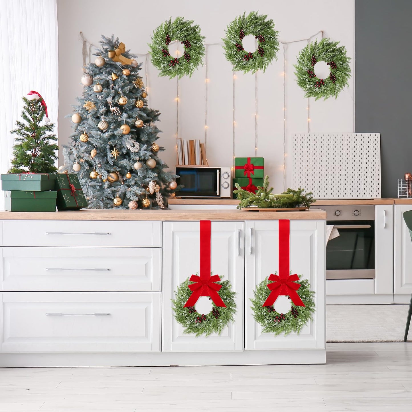 4 Pcs Small Christmas Norfolk Wreaths 15 Inch Christmas Kitchen Cabinet Mini Wreath with Bow Ribbon Cedar Berry for Xmas Front Door Window Chair Fireplace Table Pillar Farmhouse