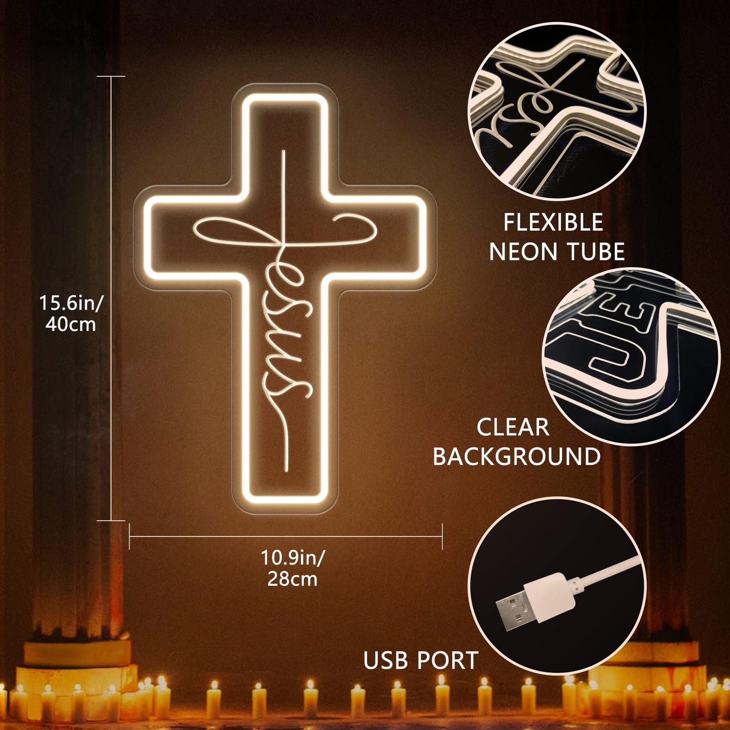 Cross Neon Signs Jesus Neon Signs LED Wall Decor for Bedroom Living Room Weddings, Dimmable Light Sign for Home Decor, Religious Events, Christmas Easter Celebrations Gifts (Jesus Cross)