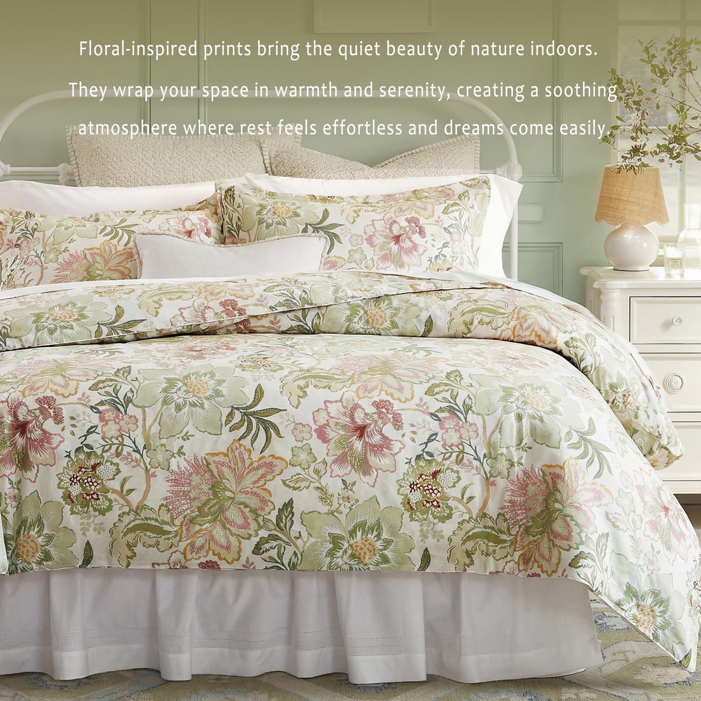 Bedorm 100% Cotton Duvet Cover Set Botanical Floral Bedding King Pink Flower Green Leaf French Country Bedroom Decor Soft & Durable Duvet Cover with Zipper Closure and Corner Ties