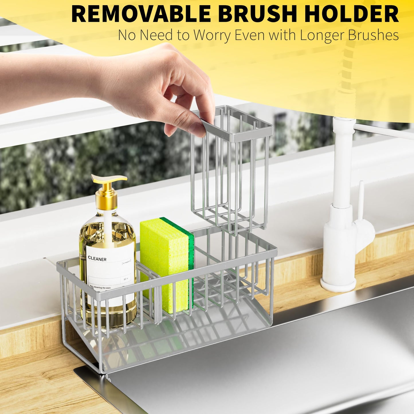 Cisily Kitchen Sink Caddy Organzier with High Brush Holder, Sponge Holder for Sink, 304 Rustproof Stainless, Kitchen Countertop Soap Dispenser Organizer, Kitchen Decor and Accessories