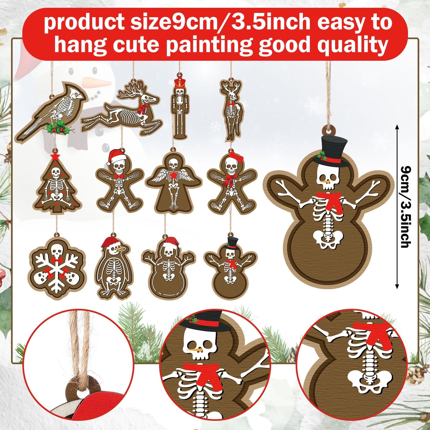 AceOrbit 24 Pcs Gothic Christmas Ornaments Skeleton Gingerbread Christmas Tree Decorations Gothic Skull Lamination Wooded Hanging Xmas Decorations for Holiday Halloween Party Supplies