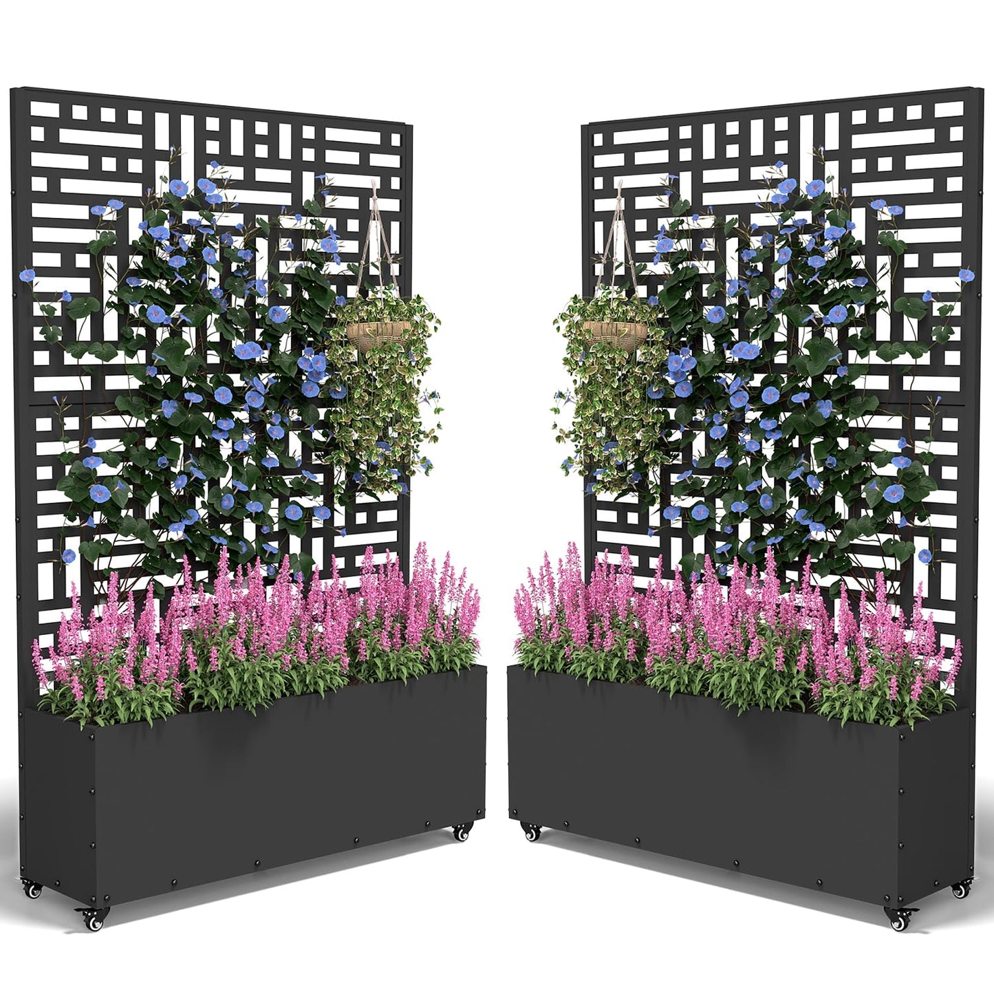 FOLAWO Metal Planter Box with Trellis,70.9"x47.2"x15.7" Raised Garden Bed with Drainage Holes, Privacy Planters for Outdoor Garden Bed for Climbing Plants,Vegetables,and Vines,2PCS,Black-Modular