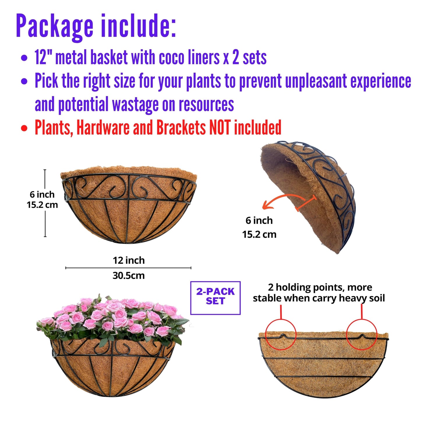 LaLaGreen Wall Hanging Planter, 2 Pack, 12 Inch Wall Mounted Flower Basket with Coco Liner for Outdoor Plants, Black Metal Wire Rail Herb Pot Holder Fence Railing Deck Porch Balcony Garden Patio Decor
