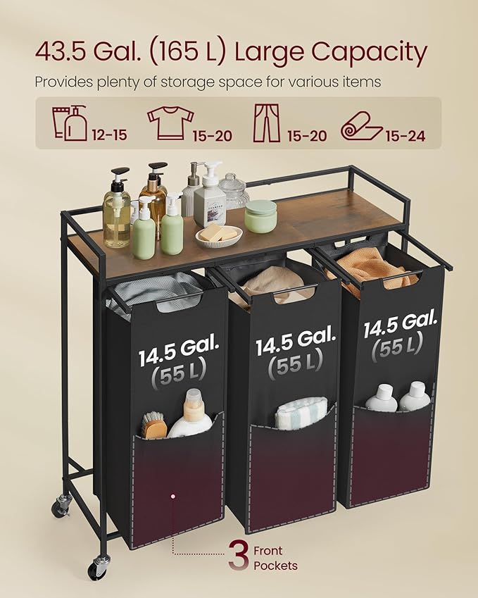 VASAGLE Laundry Sorter, 43.5 Gal. Laundry Hamper Basket