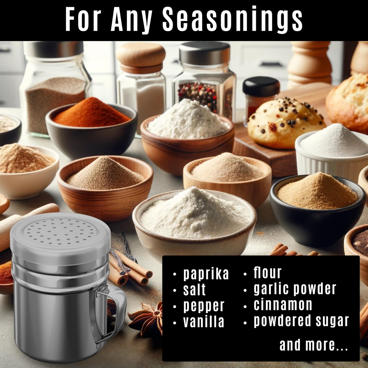 CUSINIUM 10oz Stainless Steel Salt Pepper Dredge Shakers - With Plastic Cap - With Handle - Pack of 4