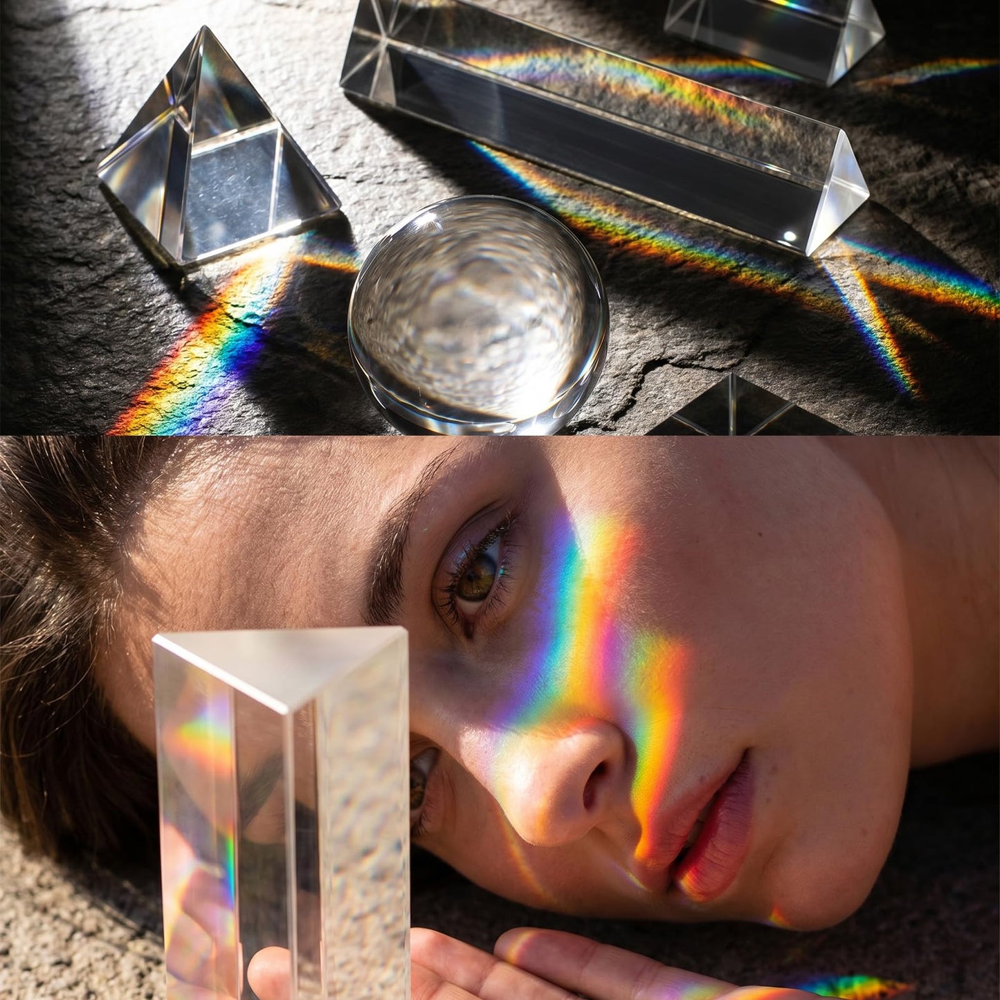 6 Pack K9 Optical Crystal Photography Prism Set Include 50mm and 150mm Clear Triangular Prism 50mm Lens Ball, Cube,Optical Pyramid and 60mm Dome Magnifying for Photography Effects Physics Optics