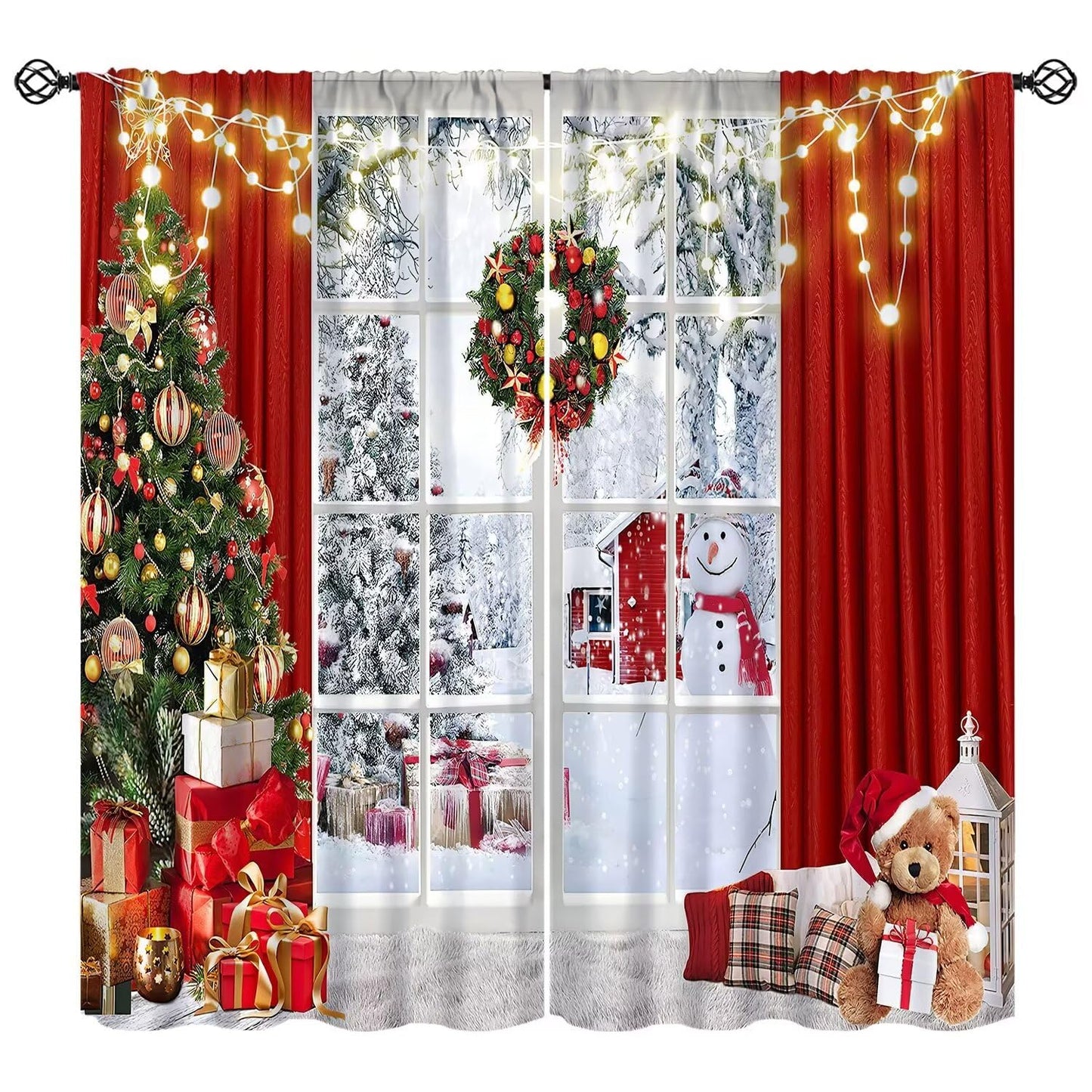 FengMingRui Merry Christmas Curtains Winter Festival Snowman Christmas Tree New Year Christmas Window Treatment Bedroom Living Room Decoration Decor Window Drapes 42" W X 45" L