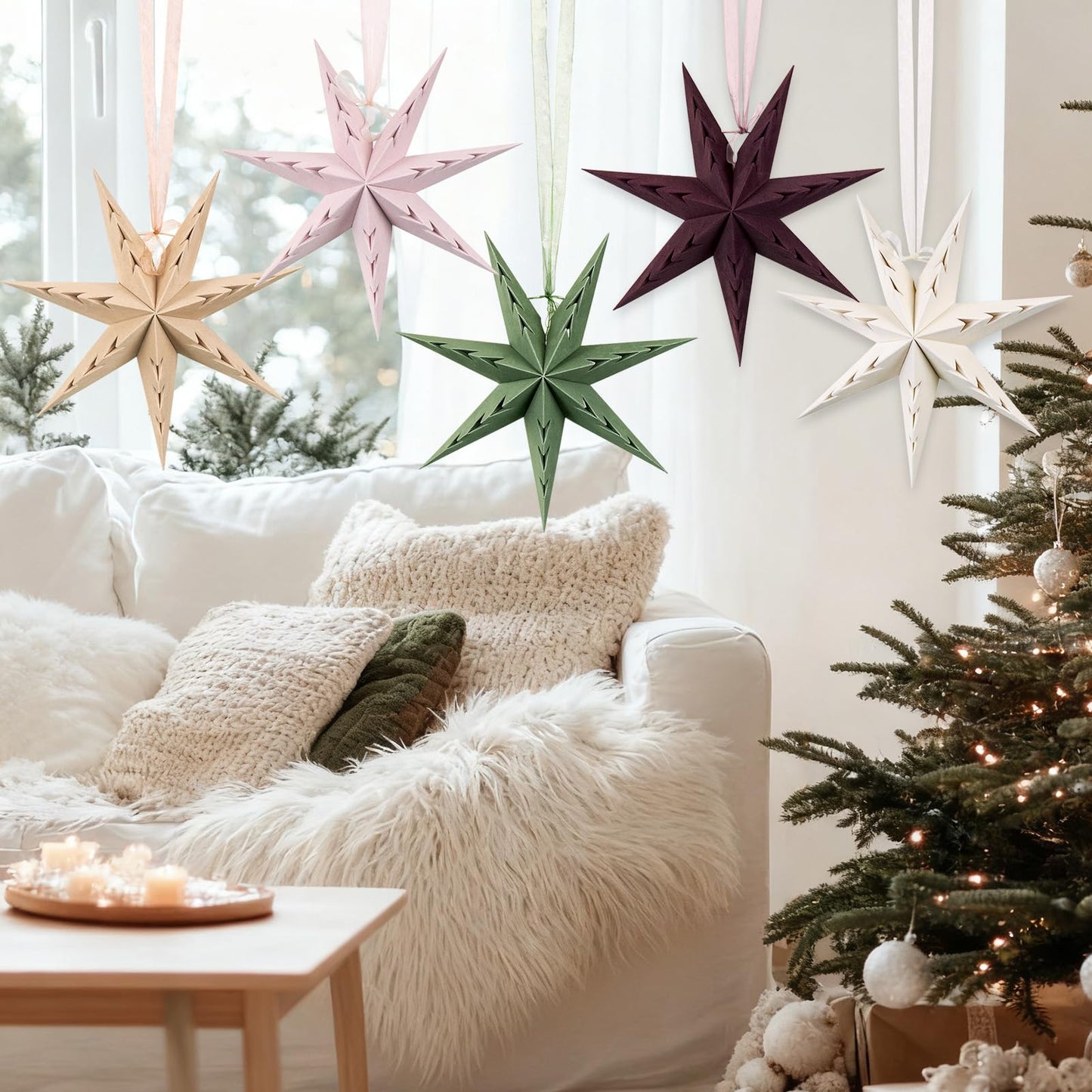 Paper Star Lanterns Hanging Boho Christmas Ornaments 5PCS 12 inch for Xmas Wedding Birthday Christmas Home Party Decorations