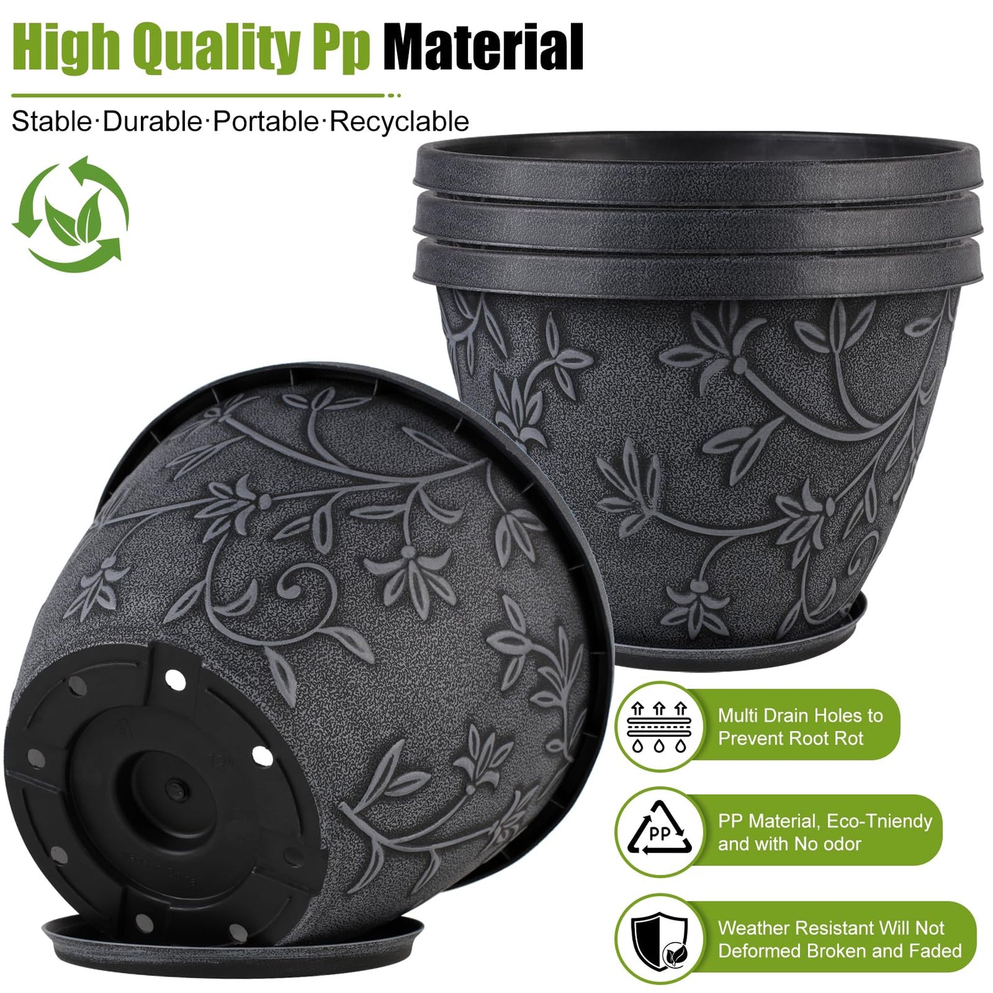 Nooulap 4 Pack 16 Inch Large Plant Pot for Outdoor, Plastic Flower Pot Indoor with Drainage Hole & Saucer, Modern Decorative Garden Pot, Imitation Magnolia Garden Pots for House Planters（Gray）