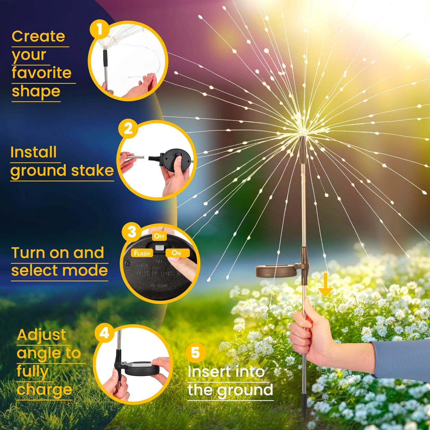 GIGALUMI Garden Decor Outdoor Lights 120LED 6Pack, Solar Garden Lights Outside Fairy Firework Decorative,Solar Powered for Yard Pathway Flowerbed Planter Balcony Patio 4th of July Decor (Warm White