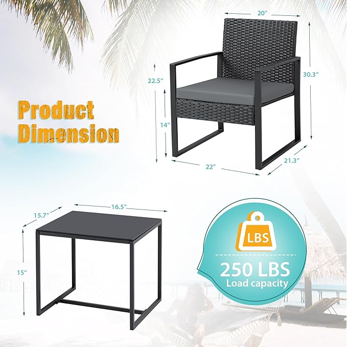 Flamaker 3 Pieces Patio Set Outdoor Wicker Furniture Modern Bistro Rattan Chair Conversation Sets with Coffee Table for Yard (Grey)