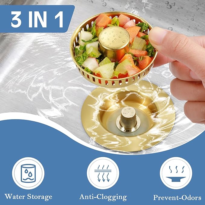 Kitchen Sink Drain Strainer 3 in 1, 304 Stainless Steel Pop Up Sink Stopper