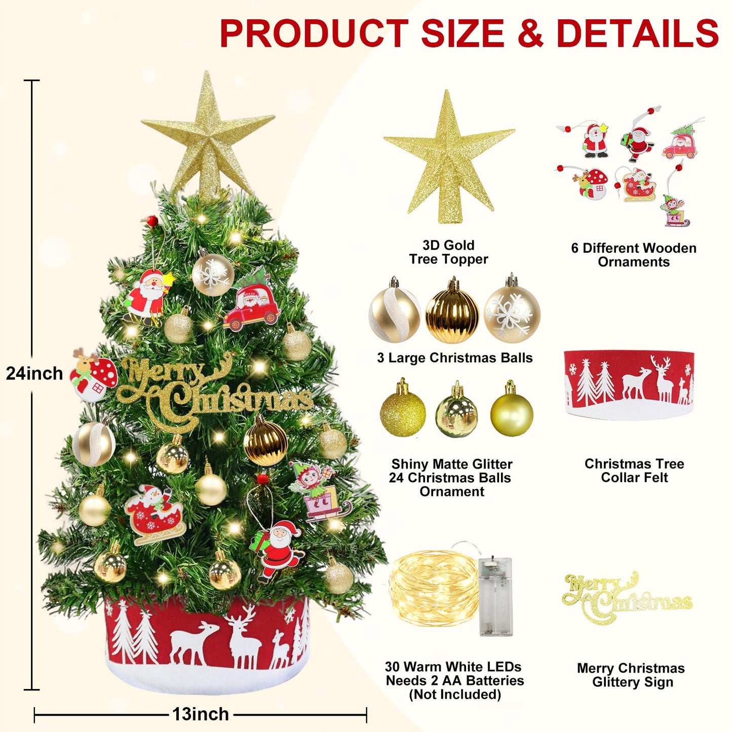 Grandeal 24" /2FT Mini Christmas Tree with Lights Timer 30 LEDs & 34 Ornaments, Small Tabletop Christmas Trees Artificial Christmas Decorations for Indoor Desk Room Office Home Decor Xmas