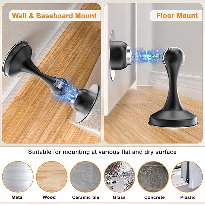 Crosize Magnetic Door Stoppers 1 Pack, Stainless Steel Door Stops for Wall and Floor Mounting, Gate Stops, No Drilling Metal Doorstops with Adhesive Tapes, Black