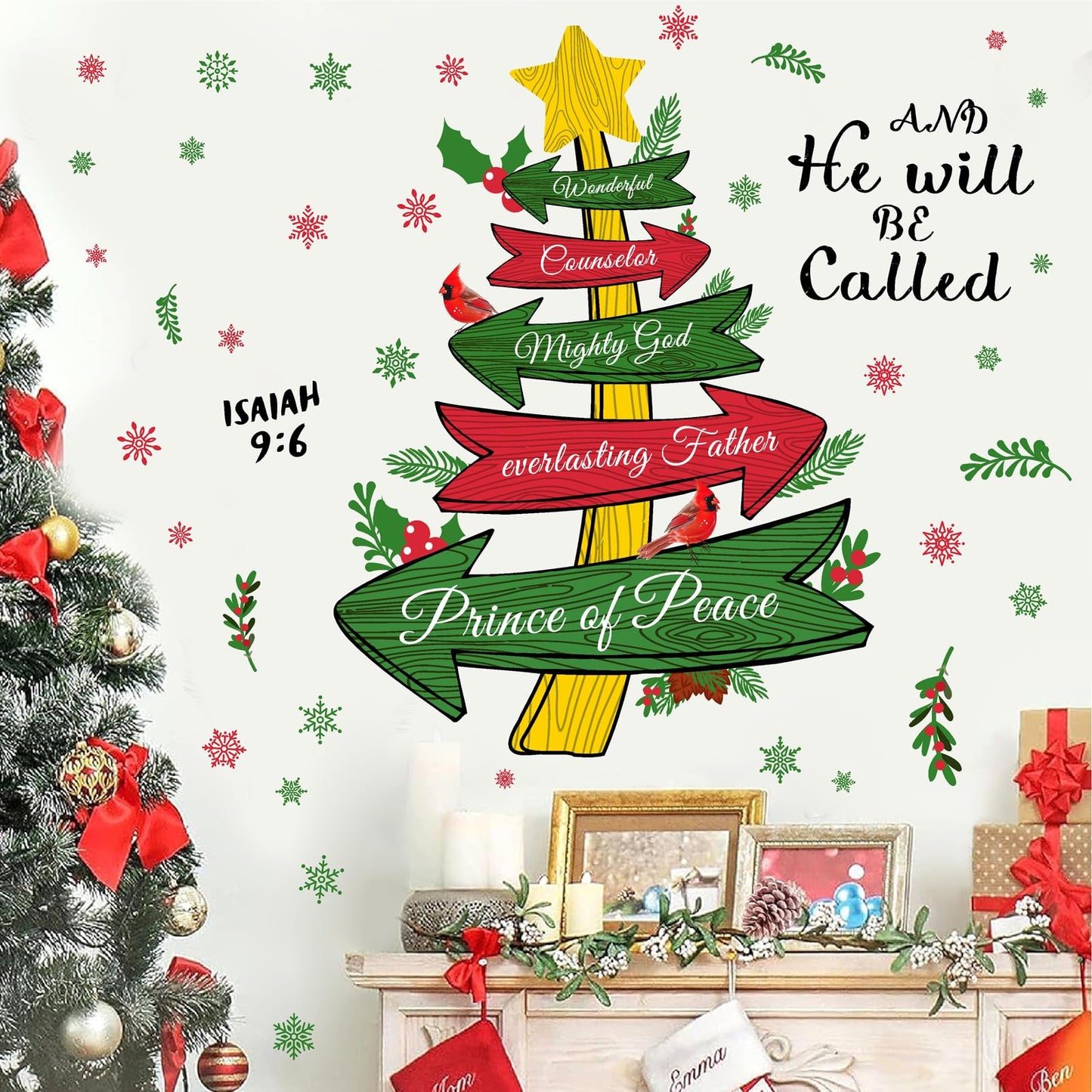 Christmas Wall Stickers Inspirational Xmas Quotes Wall Decals Peel and Stick Jesus Christmas Tree Stickers for Wall Decoration Snowflake Holiday Wall Art Decals for Living Room New Year Party Supplies