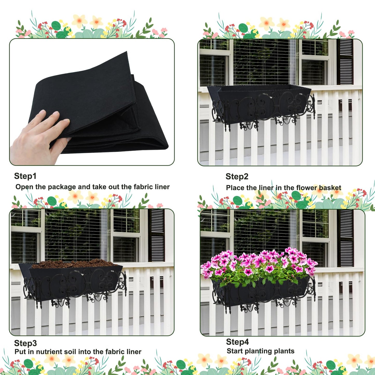 4PCS 24Inch Rectangle Window Box Liner Felt Planter Basket Liner Insert Black Plant Container Liners Non Woven Fabric Liner for Garden Fence Wall Railing Hanging Flower Pot - Avoid Bird Nesting