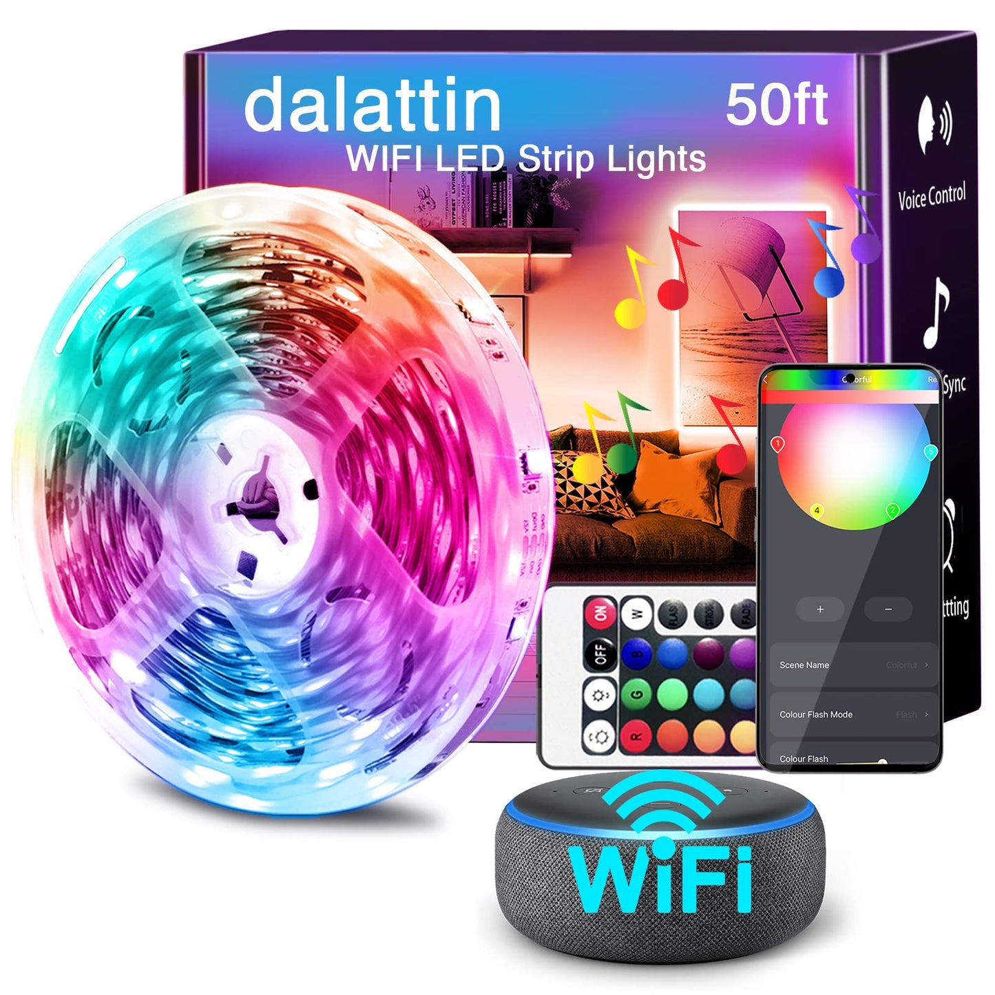 dalattin Smart WiFi Led Lights 130ft, Work with Alexa Google Assistant, APP Voice Remote Control Led Strip Lights RGB Color Changing Music Sync Led Lights for Bedroom Valentine (2 Rolls of 65.6ft)