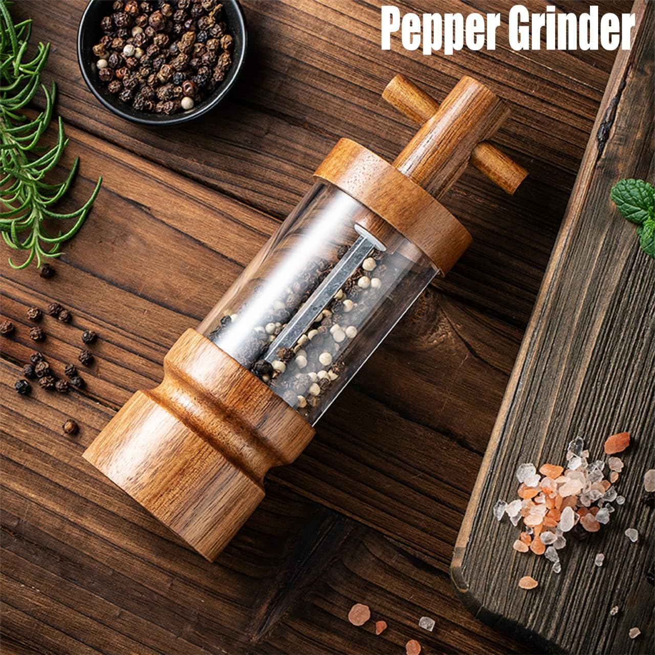 Wooden Pepper Grinder Acacia Wood Manual Mill, 7 inch, Adjustable Coarseness, Kitchen Spice Grinding Tool