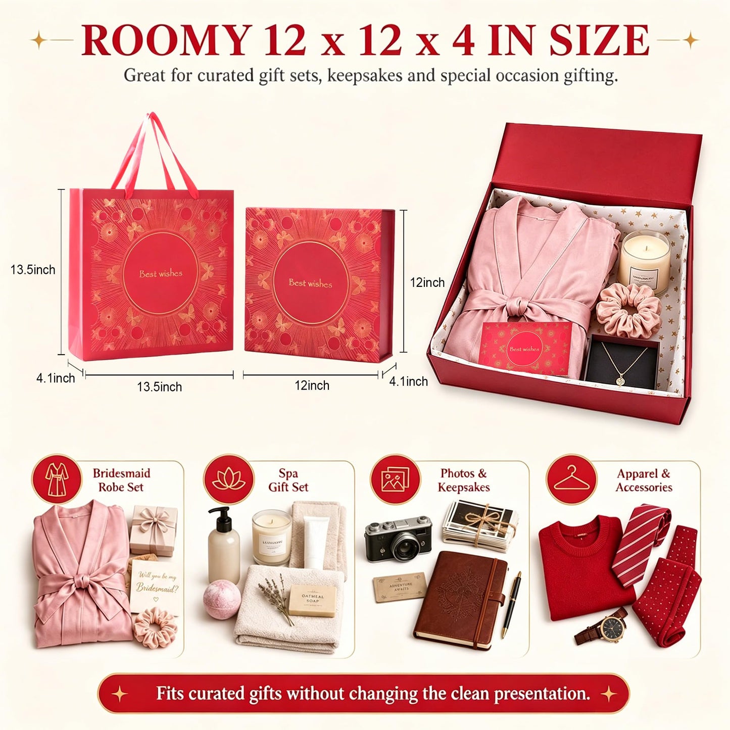 Amalee Gift Box with Lid 12x12x4 Inches, Large Red Magnetic Box Set with Gift Bag, Card, Ribbon & Tissue Paper, No Glue Needed Packaging for Bridesmaid Proposal, Wedding, Birthday Party