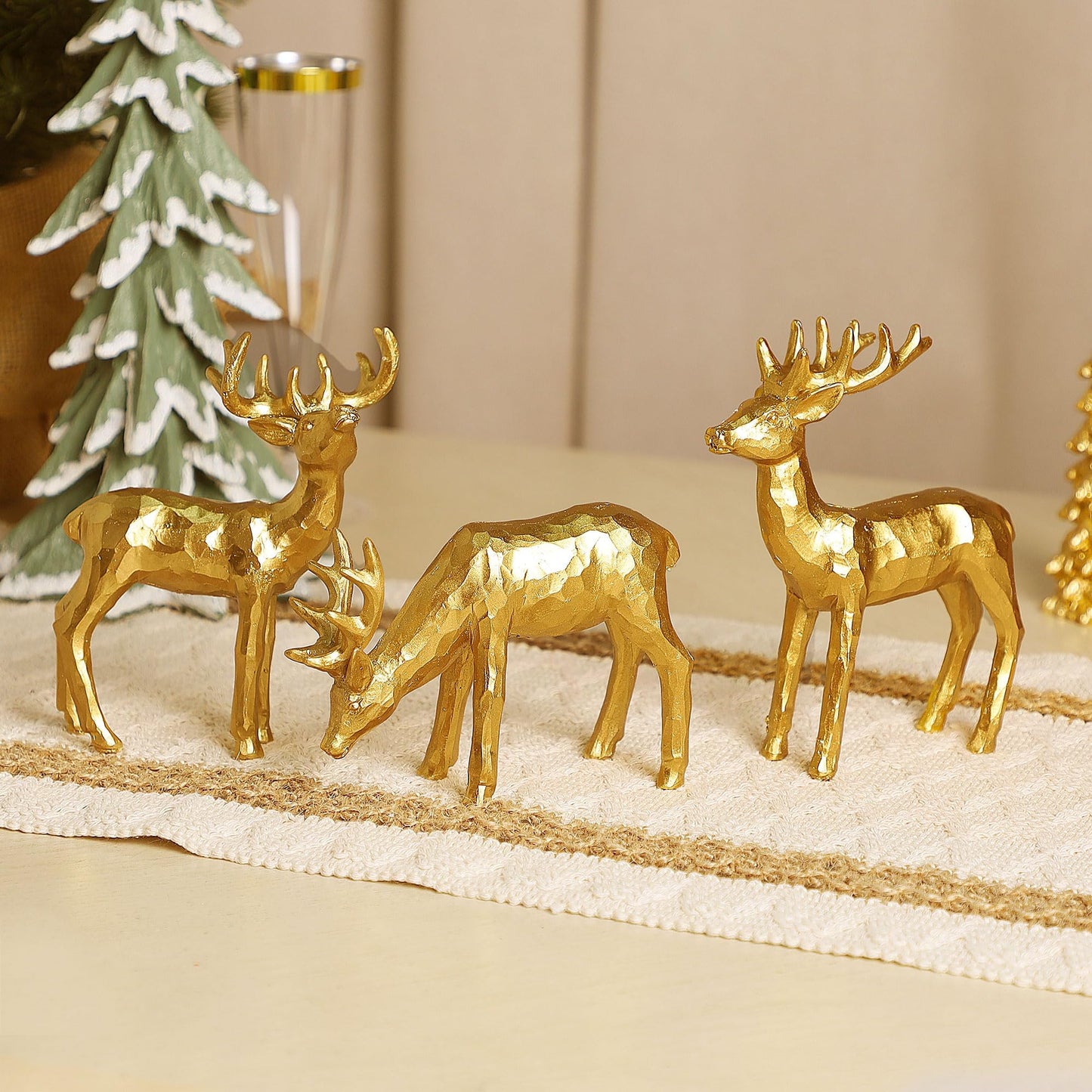 Lulu Home 3 PCS Christmas Tabletop Decorations, Resin Golden Reindeer Family Figurines with Diverse Postures, Xmas Holiday Winter Centerpieces Ornaments for Mantel Shelf Sill Decor(Peer)