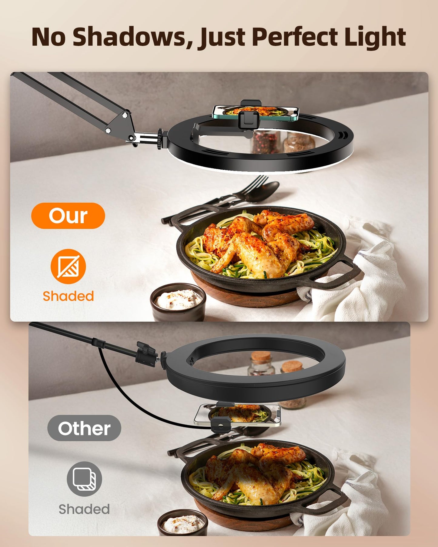 LUXSURE Ring Light with Stand for Desk, Overhead Phone Mount with 10" Ring Light Tripod for iPhone, CRI＞95, Phone Tripod with Light for Video Recording, Cooking, YouTube, Content Creation