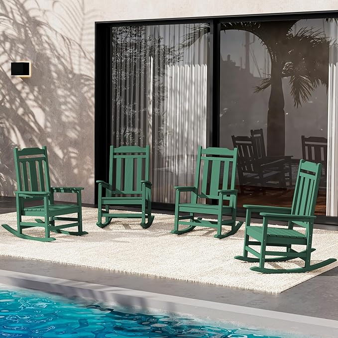 SERWALL Outdoor Rocking Chair Set of 4, Patio Rocking Chairs Set, HDPE Rocking Chair Outdoor for Adults, Heavy Duty Front Porch Rocker, Green