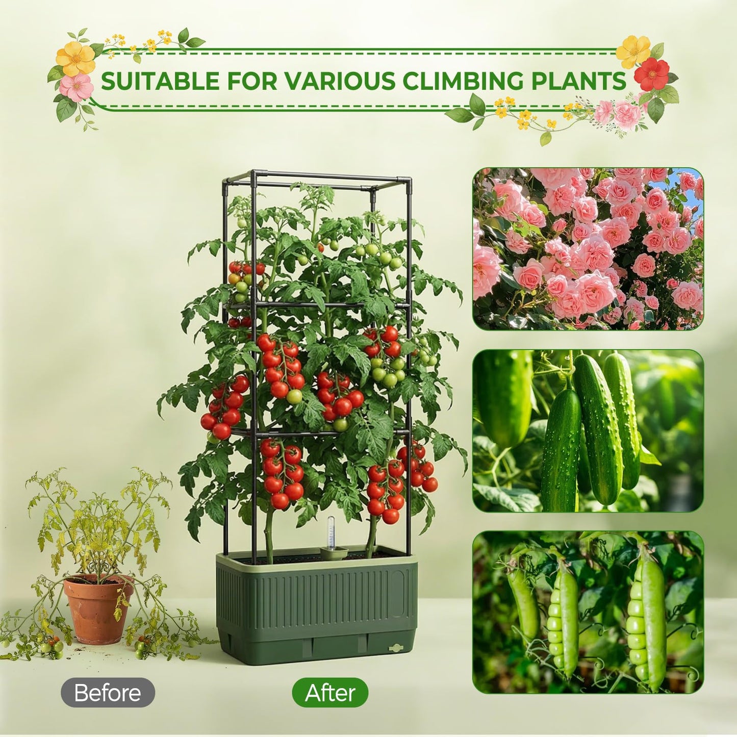 Raised Garden Bed Tomato Planter with Trellis, 52" Self Watering Tomato Planter with Water Level Indicator, Larger Rectangular Tomato Cages for Indoor & Outdoor Climbing Vegetable and Plants (1)