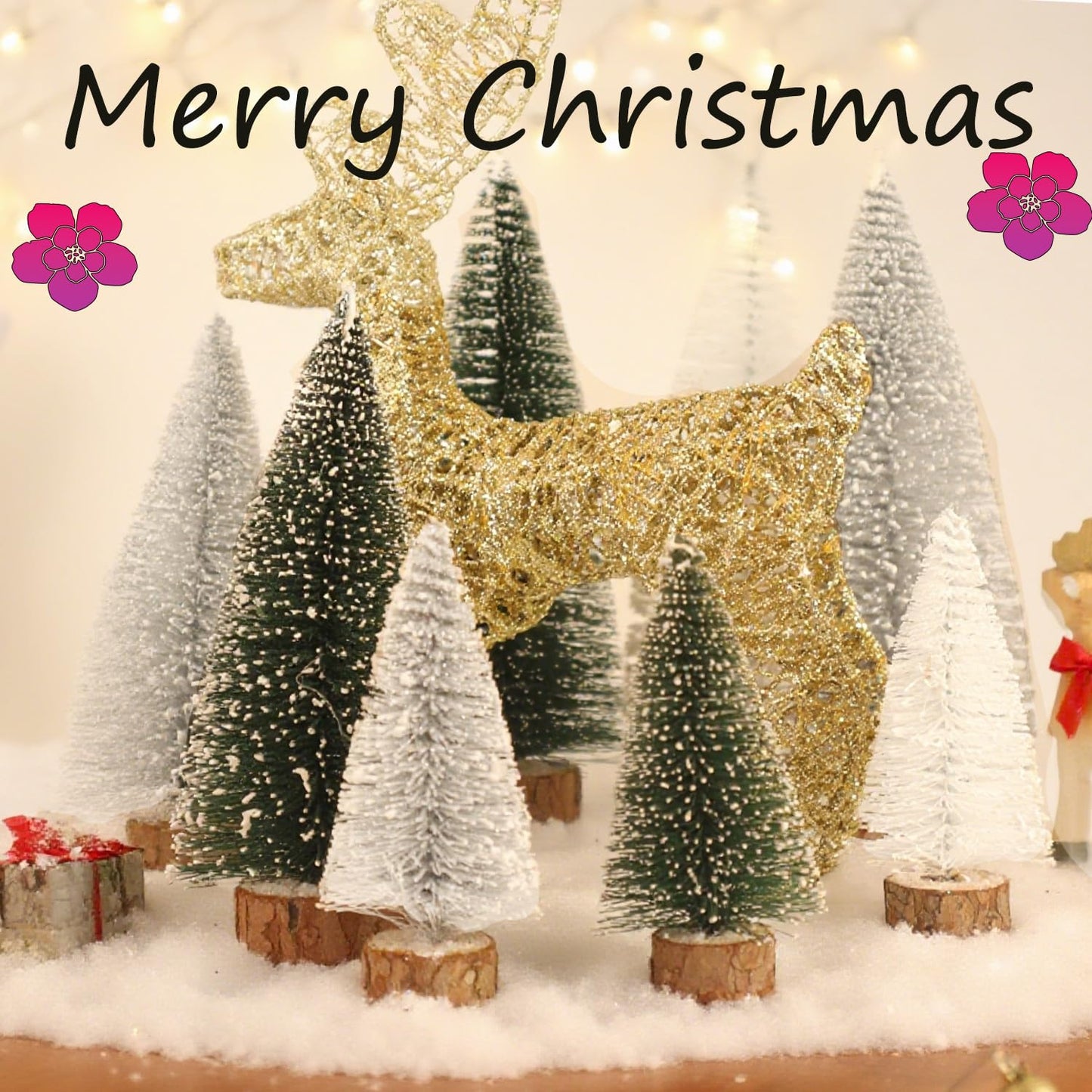 Mini Christmas Tree, Small Pine Tree with Wooden Bases for Xmas Holiday Party Home Tabletop Tree Decor (Green White Silver)