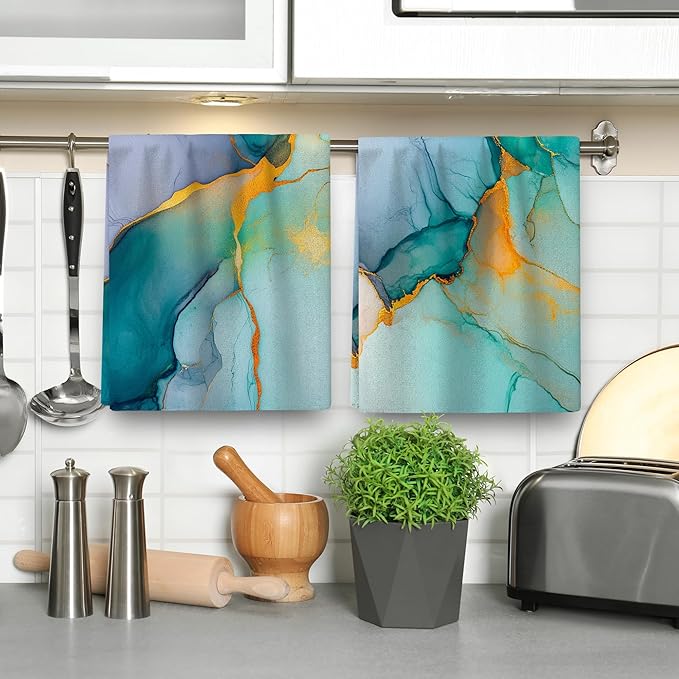 Teal Gold Kitchen Towel Set of 4 Soft Absorbent Marble Texture Turquoise