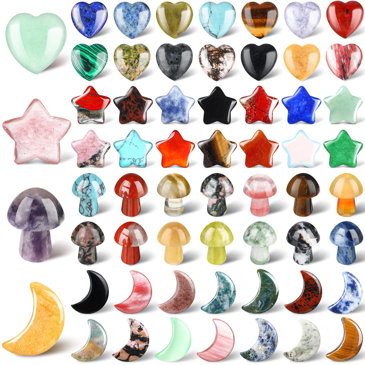 Nuenen 60 Pieces 20 * 20 * 6 mm Crystal Mushroom Sculpture Heart Shaped Moon Star Crystals Stones Bulks Worry Stones Assorted Hand Making Palm Thumb Gemstones for Witchcraft Meditation Reiki(Simple)