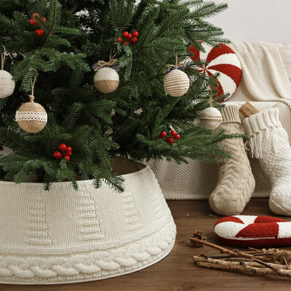 Knitted Christmas Tree Collar: Cream Chunky Cable Knit Christmas Tree Collar for Artificial Trees, Size Adjustable Rustic Farmhouse Tree Ring Skirt for Merry Christmas Holiday Home Decor Party Gifts
