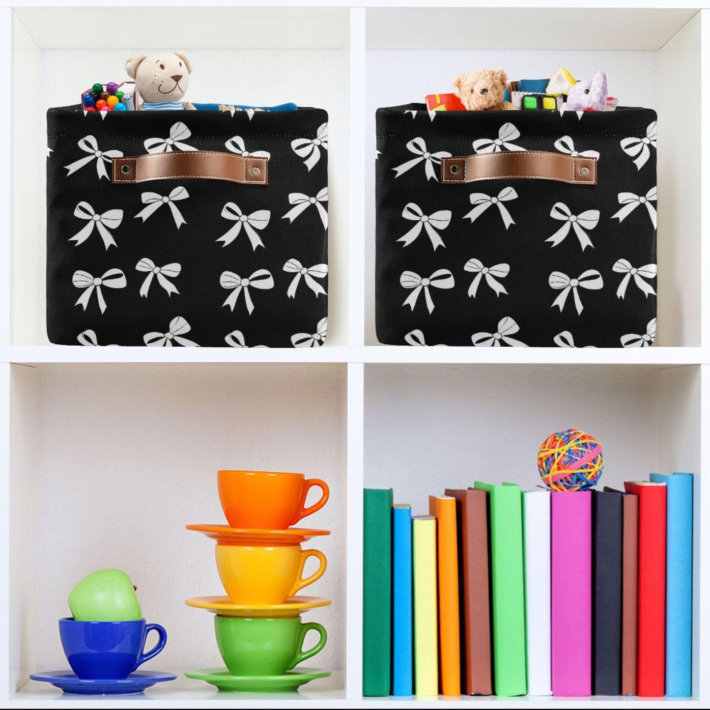 Wamika Black White Bow Storage Basket with Waterproof Liner and PU Handles Coquette Bowknot Storage Bins Boxes 14.2" Collapsible Decorative Organizer Baskets for Bedroom Closet Office 1 Pack