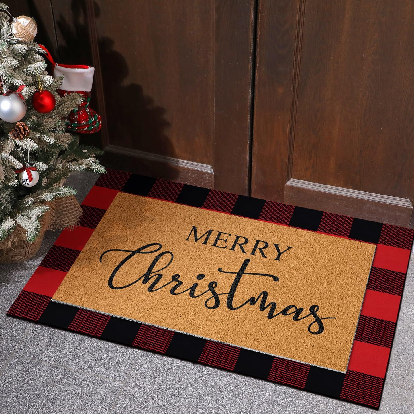 Duraaamo 2 Pcs Christmas Doormat Merry Christ Non Slip Outdoor Rug Xmas Welcome Layered Buffalo Floor Mats for Front Porch Entryway(Red Black,Plaid)
