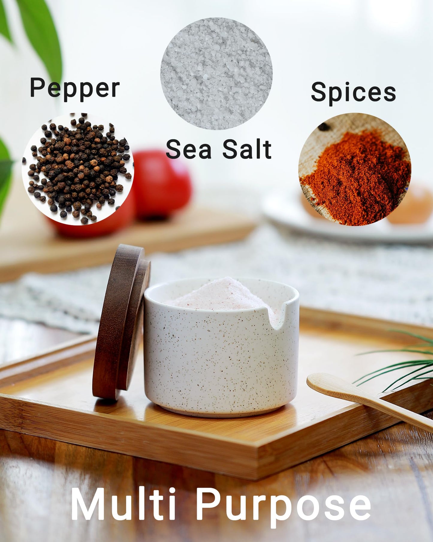 Omifun Ceramic Salt Cellar with Lid and Wooden Spoon, 8 Oz Speckled Salt Holder, Storage Canister for Sea Salt, Pepper, Spices, Herbs and Sugar
