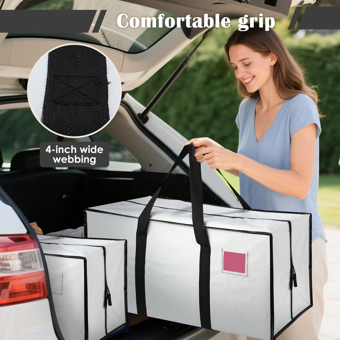 RMOHRO 6 Pack Moving Bags Heavy Duty 210GSM with Full-Open Side Zipper, 93L 65lbs Waterproof Foldable Storage Totes for College Dorm Move-In, Moving Boxes Alternative & Home Organization,White