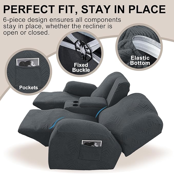 Recliner Loveseat Covers with Console, 6-Piece Stretch Geometric Strokes