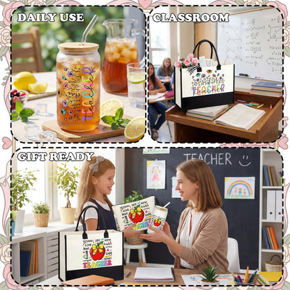 Sanwuta 6 Sets Teacher Appreciation Gifts for Women Thank You End of Year Teacher Gifts Set Include Tote Bag, Makeup Bag & 16oz Glass Cup for Employee Women Graduation Birthday School Office Supplies