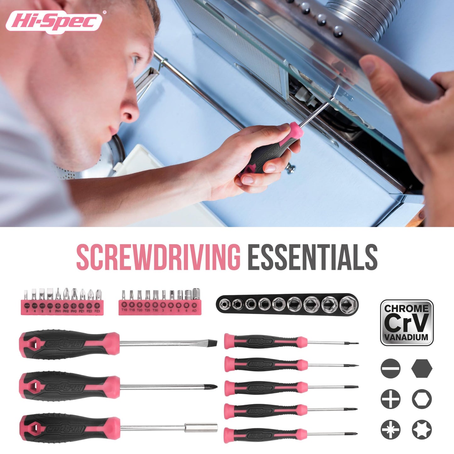 Hi-Spec 56pc Pink Home & Office DIY Tool Kit Set. Complete Household Tool Box with Essential Hand Tools Included for Basic Repairs, Maintenance & Home Improvement Projects