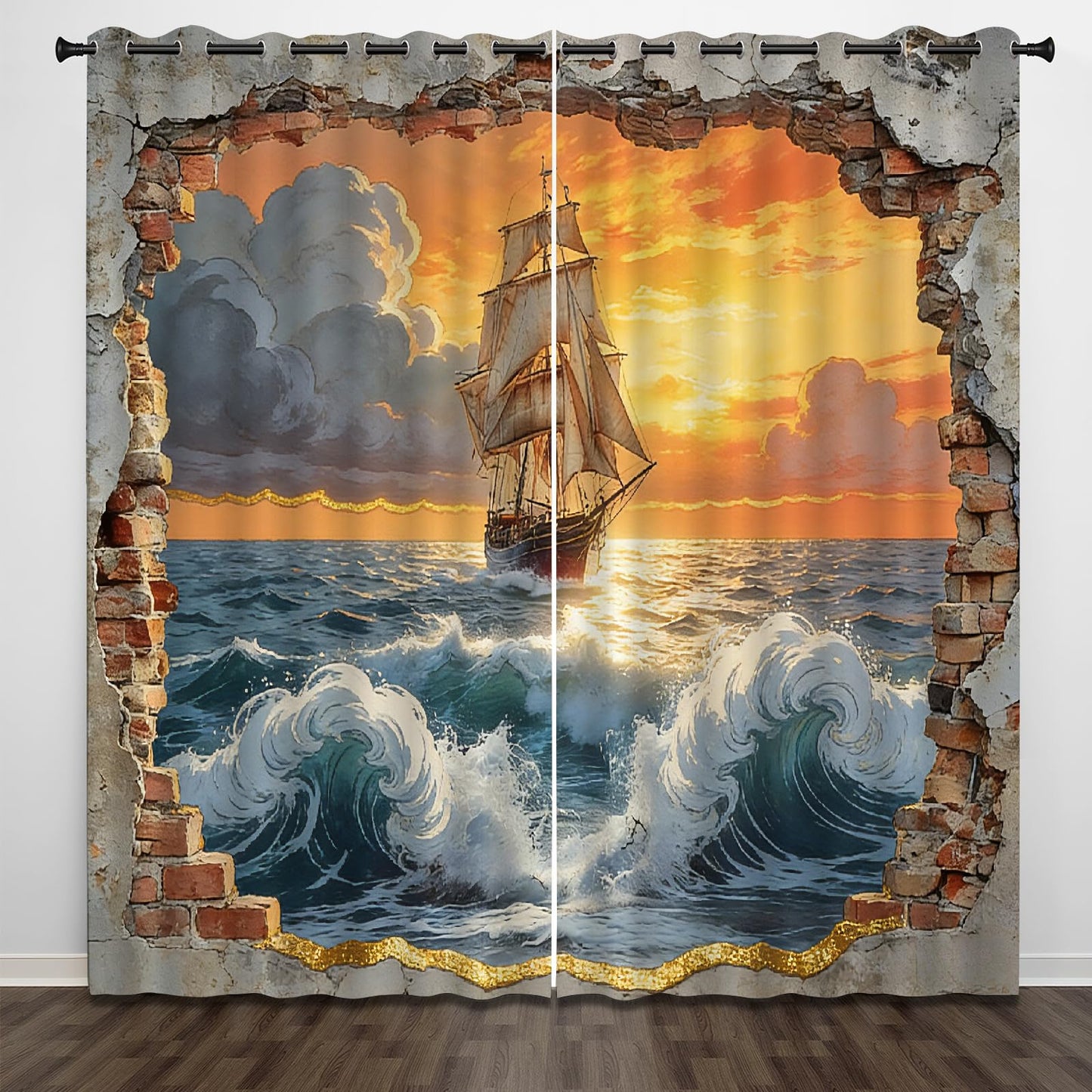 Ocean Sailing Ship Blackout Curtains, Sunset Sky Clouds 3D Printed Top Grommet Drapes 2 Panels, Thermal Insulated Energy Saving Drapes for Bedroom Living Room(104" W x 72 "L)