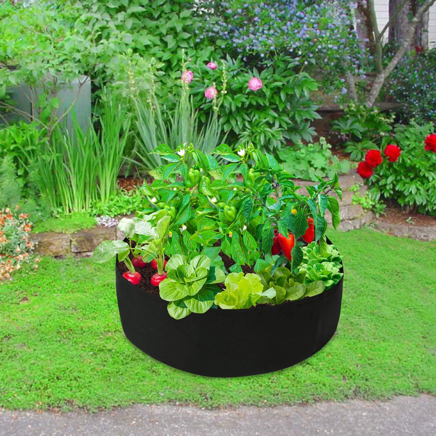 Firlar Fabric Raised Garden Bed, 15 Gallon Round Raised Bed Planter Grow Bag Garden Bed Bag for Plants, Herb, Flowers and Vegetables, Black (Dia 24 x H 8)