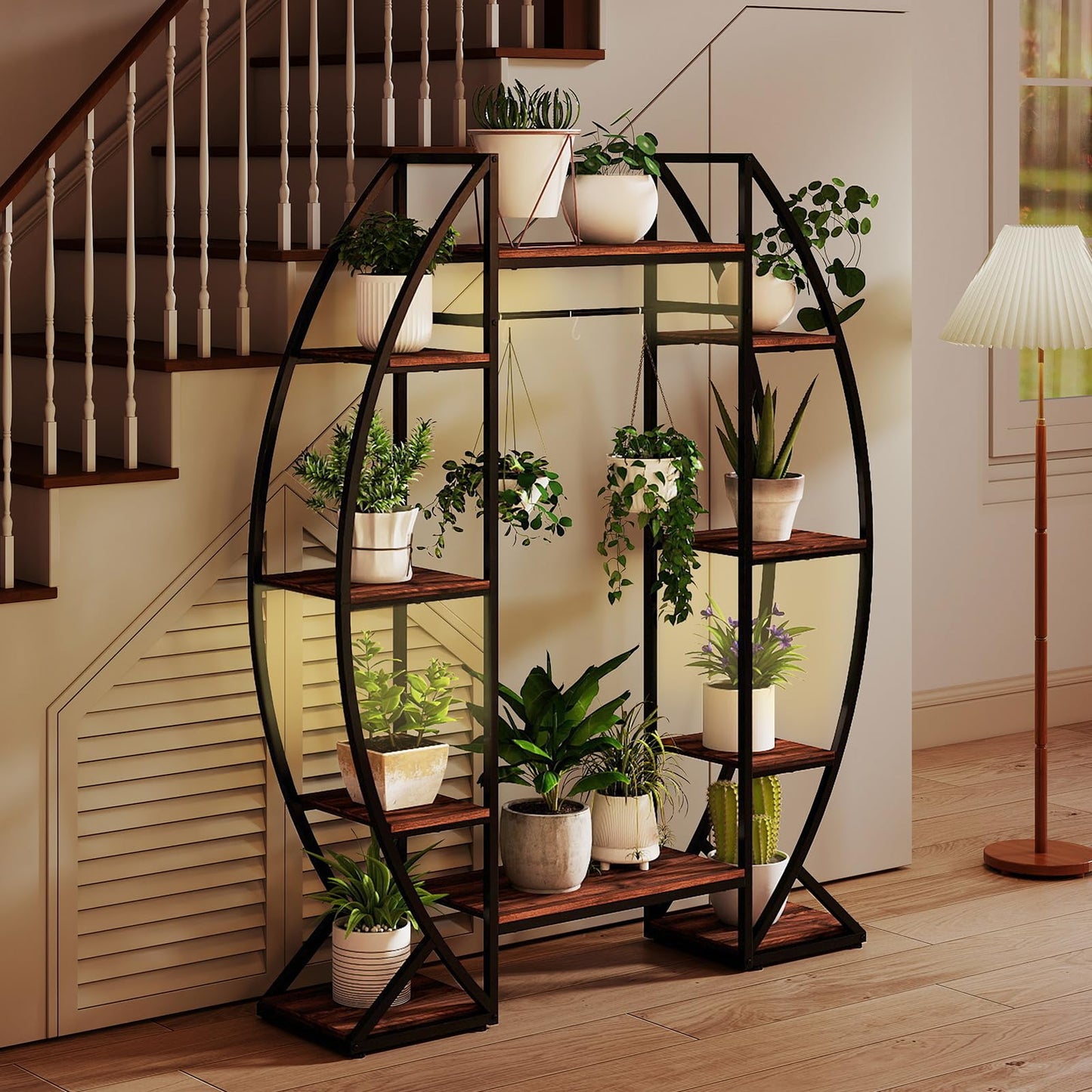 Giantex Plant Stand Indoor with Grow Lights, 10-Tier 63" Tall Metal Plant Shelf for Multiple Plants, Decorative Curved Large Flower Stand Display Pot Rack for Living Room, Home, Balcony, Patio