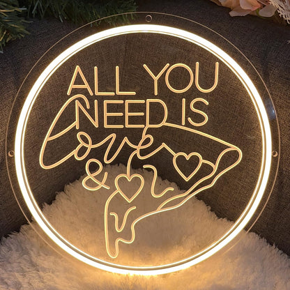 All You Need Is Love &Pizza Neon Sign For Wall Decor 3D Art Carving Design Indoor Bedroom Led Neon Signs Backdrop Flex Christmas Party Business Room Shop Window Birthday Gift(Warm White,USB,30×30CM)