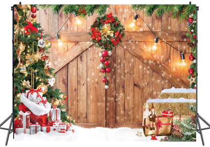 LTLYH 8x6ft Christmas Barn Backdrop Xmas Tree Snow Gift Wall Floor Party Photo Background Winter Holiday Family Supplies Banner Decoration Studio Props 164